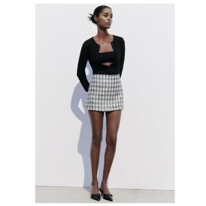 Zara woven tweed metallic navy blue white checkered skort size XL new with tags